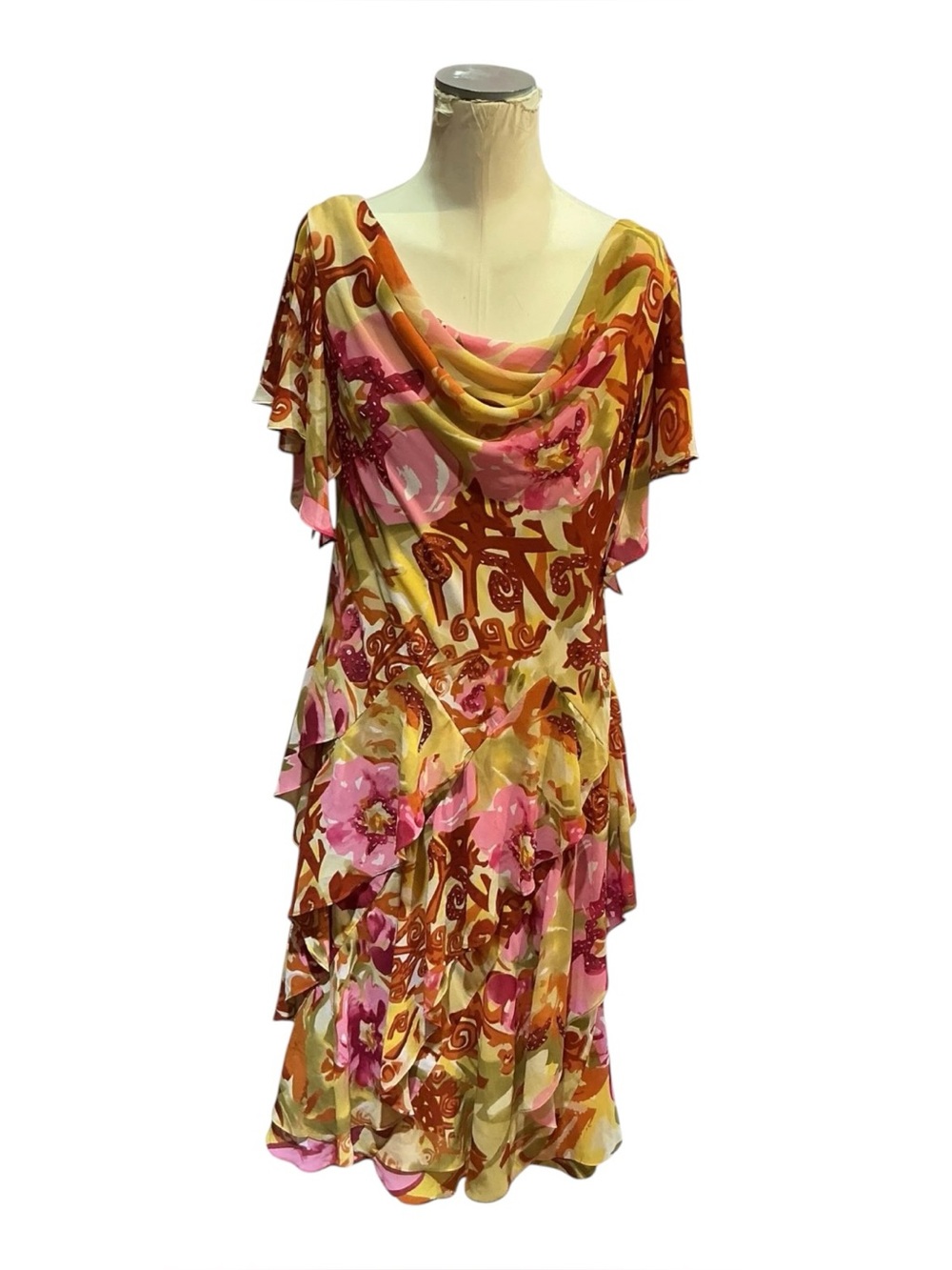 Vintage y2k Robbie Bee Multicolor Floral Flowy Ruffle Dress with Sequin Design